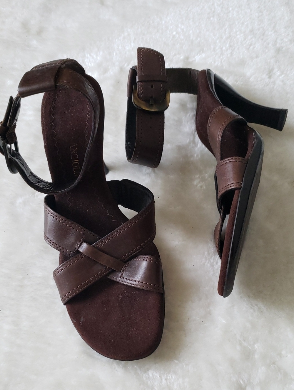 Enzo Angiolini Brown Leather Cross-Strap Heeled Sandals